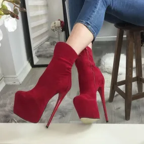 Red Suede High Heel Platform Boots