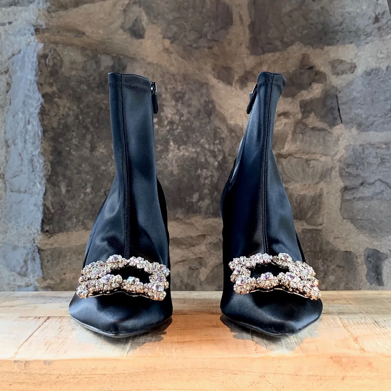 Roger Vivier Black Satin Flower Crystal Embellished Sock Booties