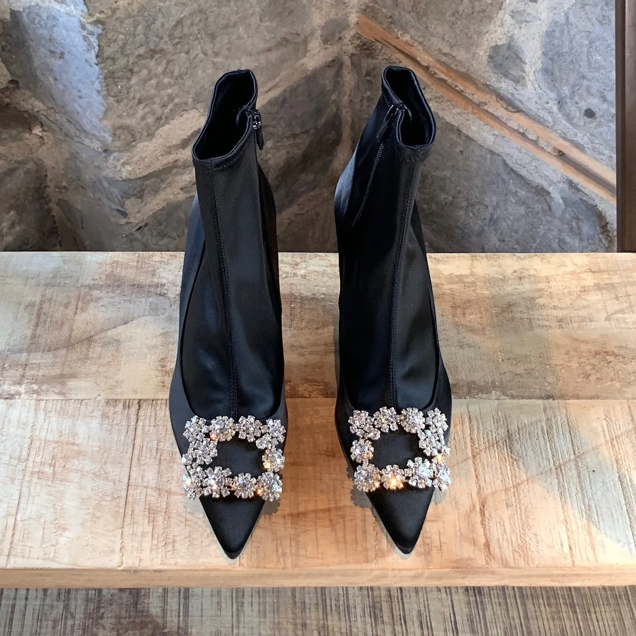 Roger Vivier Black Satin Flower Crystal Embellished Sock Booties