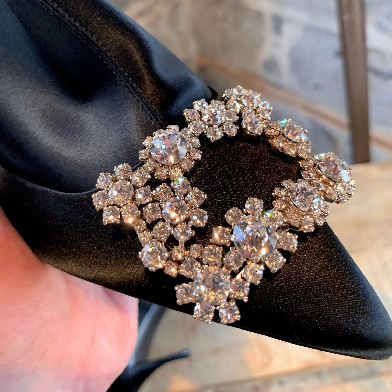Roger Vivier Black Satin Flower Crystal Embellished Sock Booties