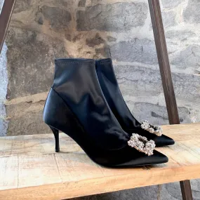 Roger Vivier Black Satin Flower Crystal Embellished Sock Booties