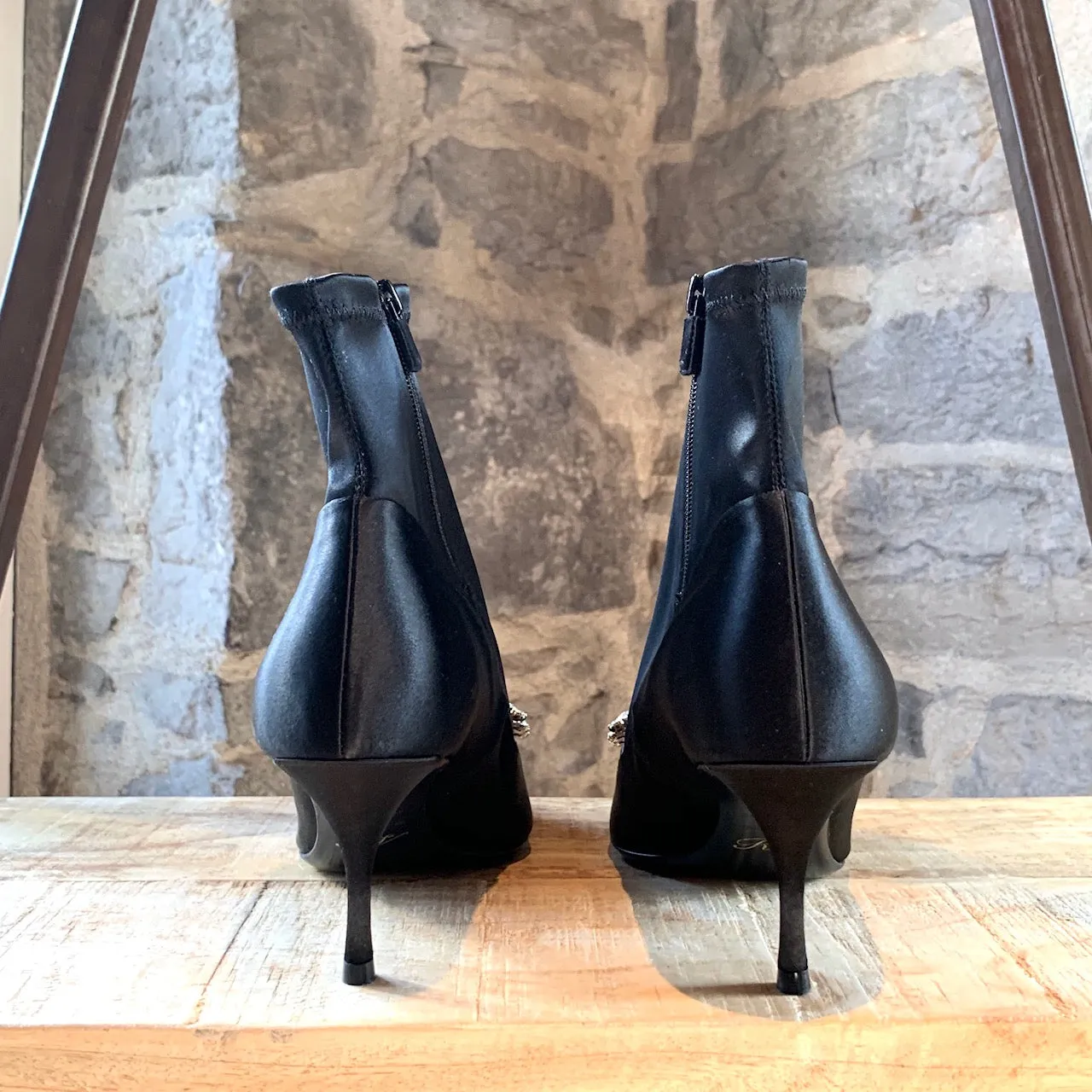Roger Vivier Black Satin Flower Crystal Embellished Sock Booties