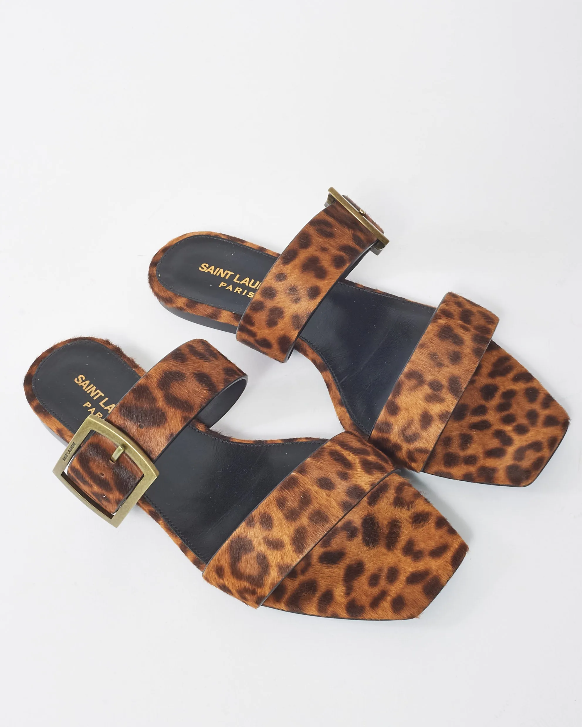 Saint Laurent Leopard Print Pony Hair Buckle Sandals - 37.5