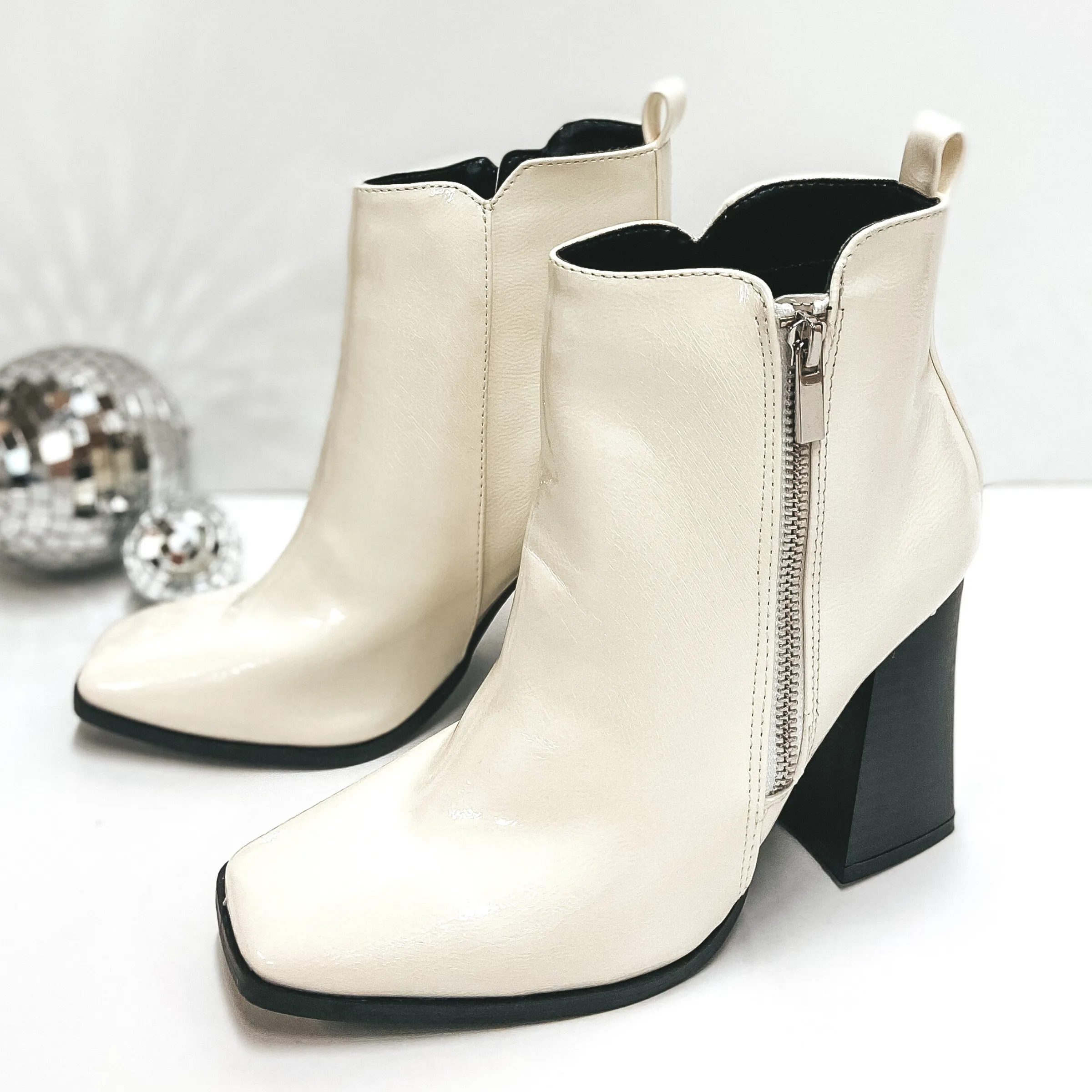 So In Love Square Toe Booties with High Block Heel in White