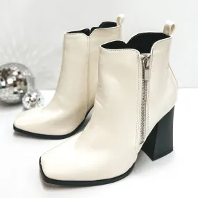 So In Love Square Toe Booties with High Block Heel in White
