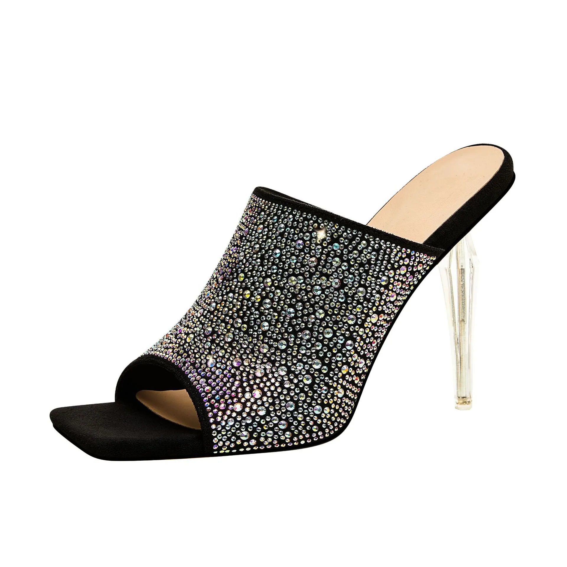 Stylish Open-Toe Diamond-Encrusted Square High Heel Sandals