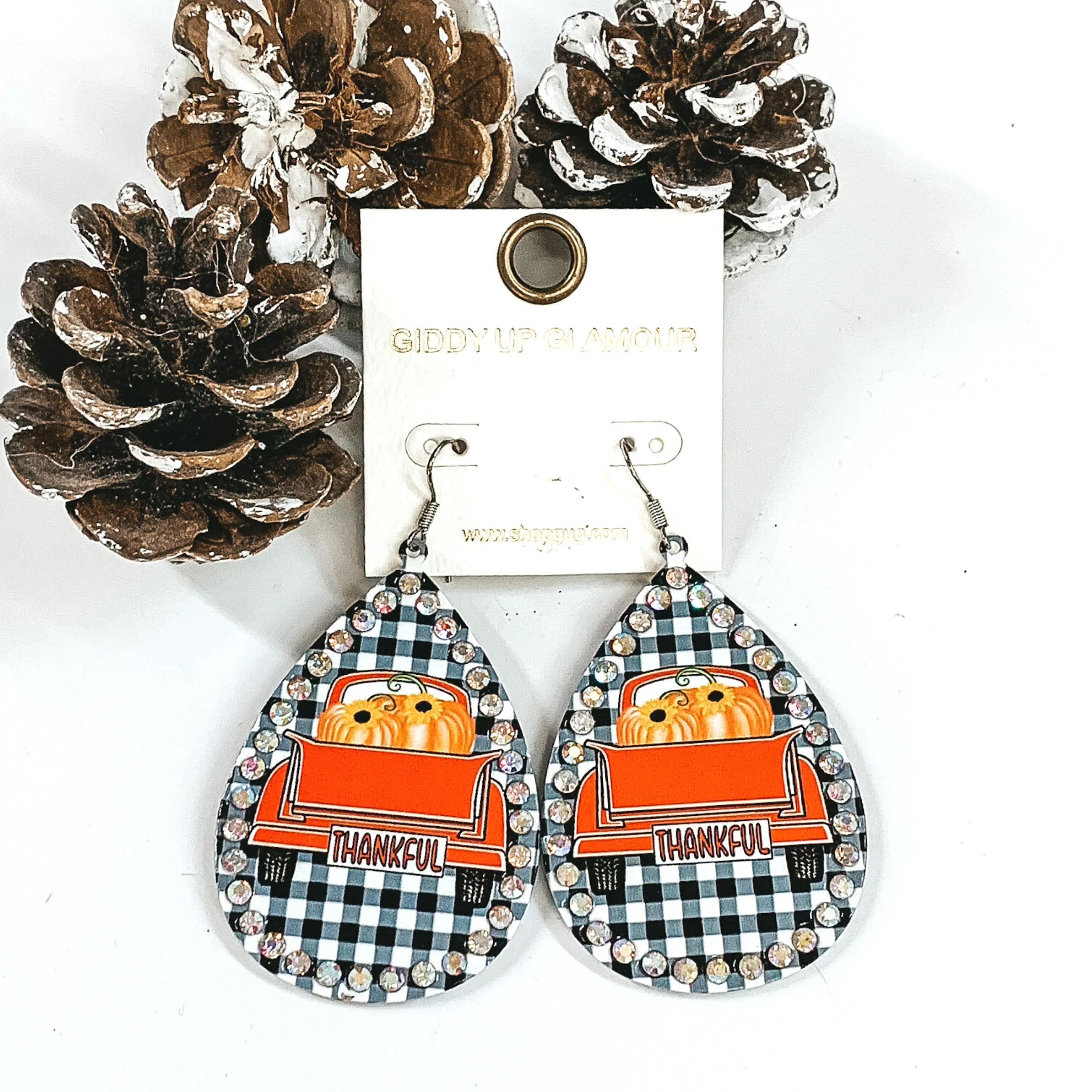 Thankful Fall Teardrop Earrings in White Buffalo Plaid