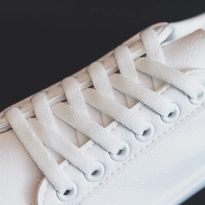 White Lace Up Platform Leather Flat Sneakers