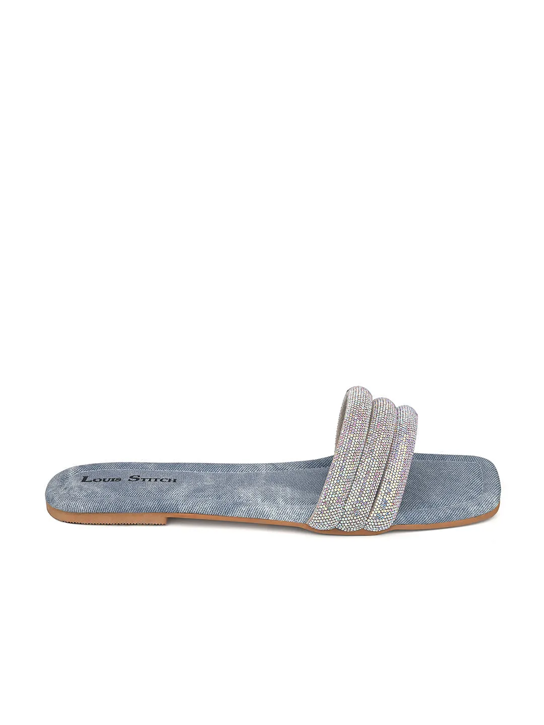 Women's Blue Shiny Strap Flat Heel Lightweight Sandals