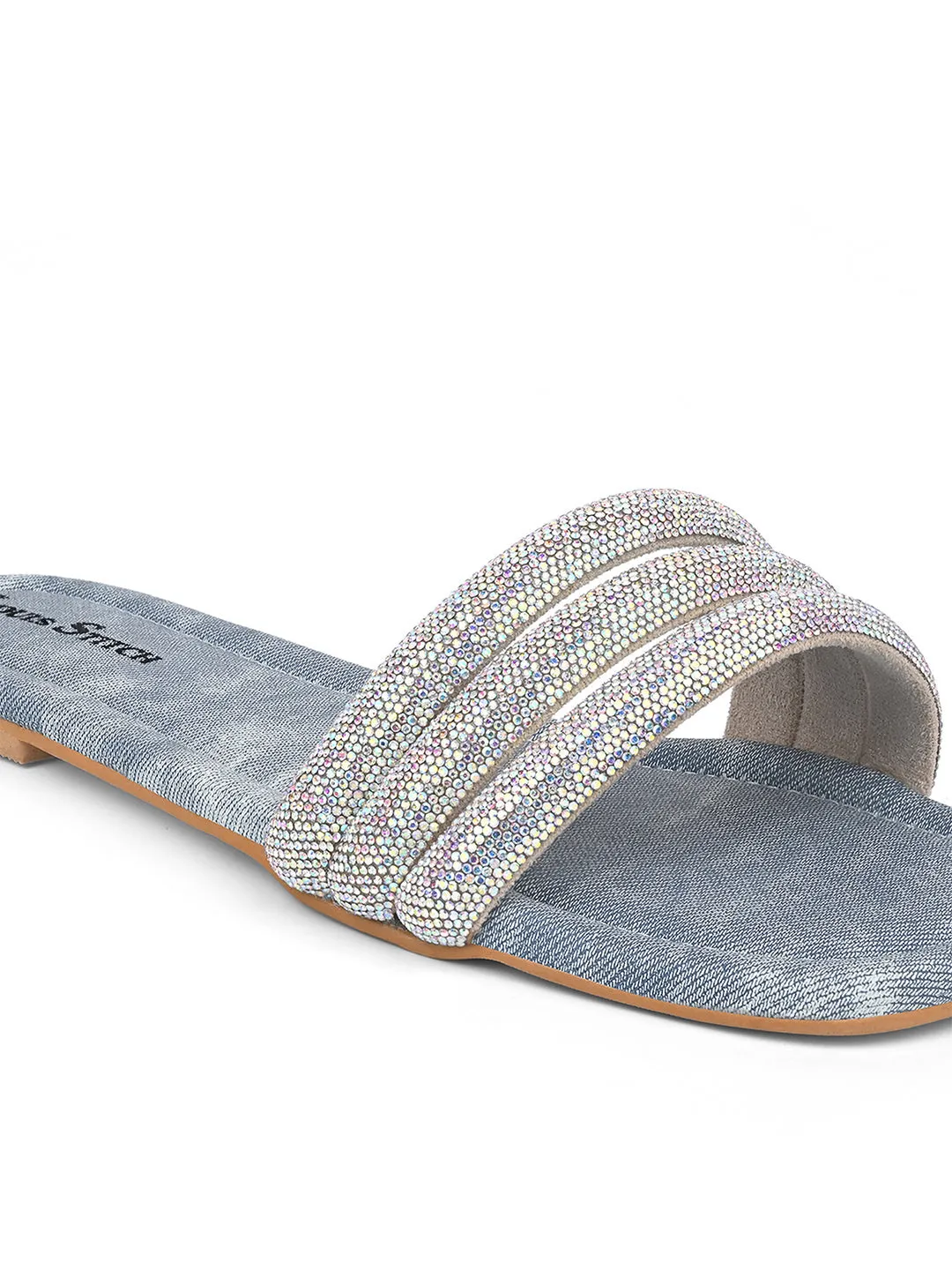 Women's Blue Shiny Strap Flat Heel Lightweight Sandals