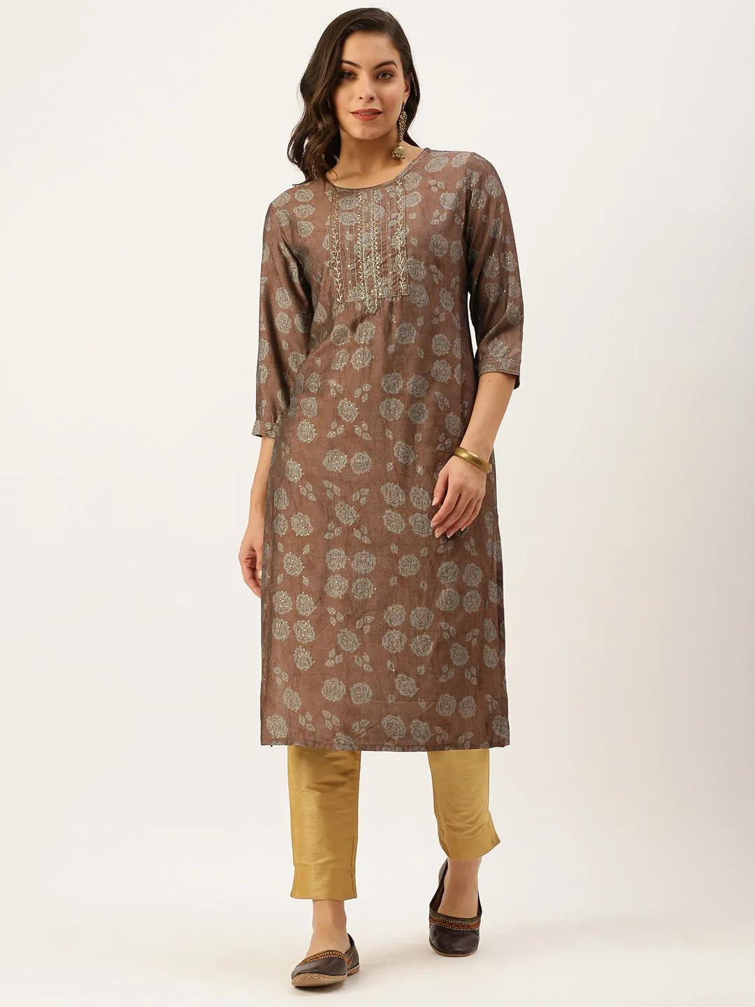 Women's Brown Embellished Straight Kurtas
