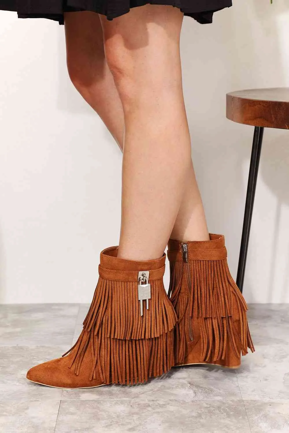 Women's Caramel Tassel Wedge Heel Bohemian Ankle Booties