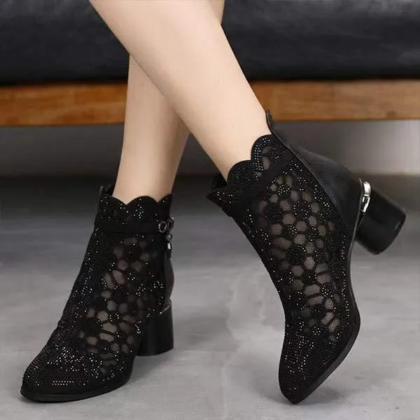 Women's Hollow-Out Chunky Heel Sandals with Rhinestone Embellishments 04594559C