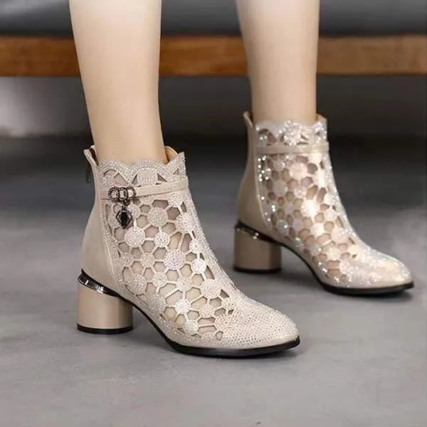 Women's Hollow-Out Chunky Heel Sandals with Rhinestone Embellishments 04594559C