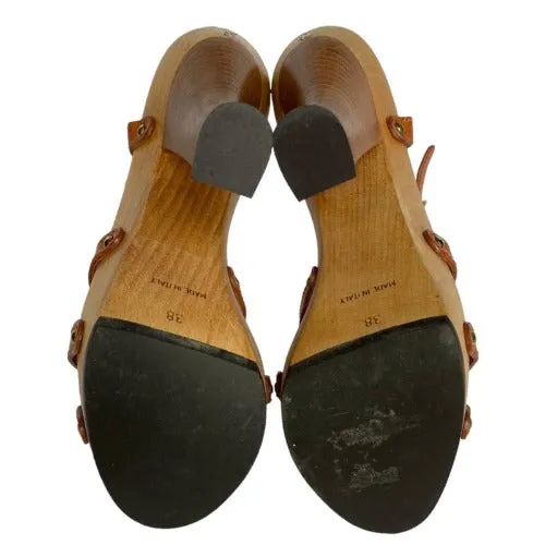 YSL YVES SAINT LAURENT Brown Leather Strappy, Wood Clog Platform Sandals Size 38