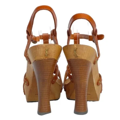 YSL YVES SAINT LAURENT Brown Leather Strappy, Wood Clog Platform Sandals Size 38